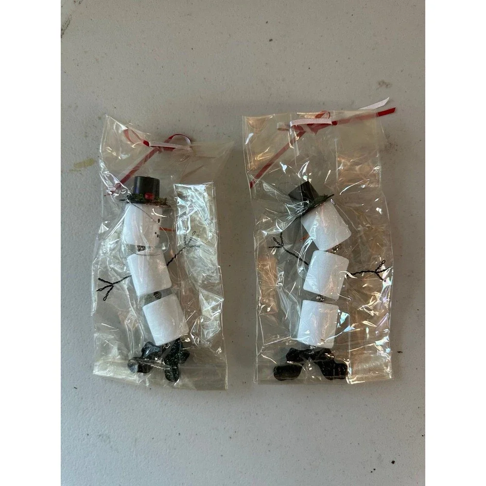 New Handmade Unique Craft Faux Marshmallow Snowman Christmas Ornament Set Of 2
